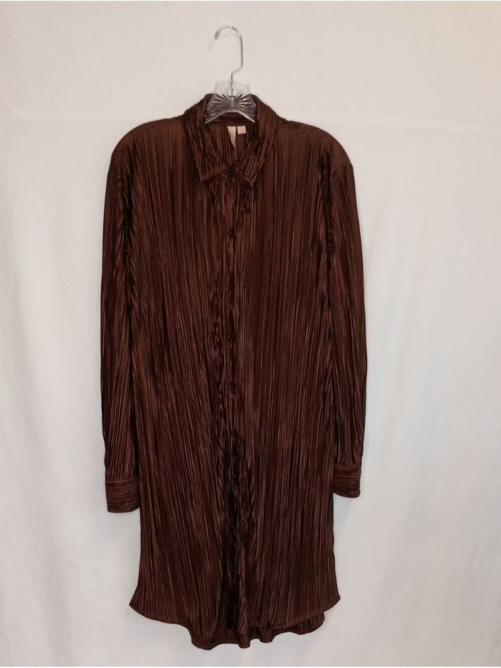 Women's Size M Satin Pleated Shirt Dress Chocolate Brown Old Money - Picture 10 of 10